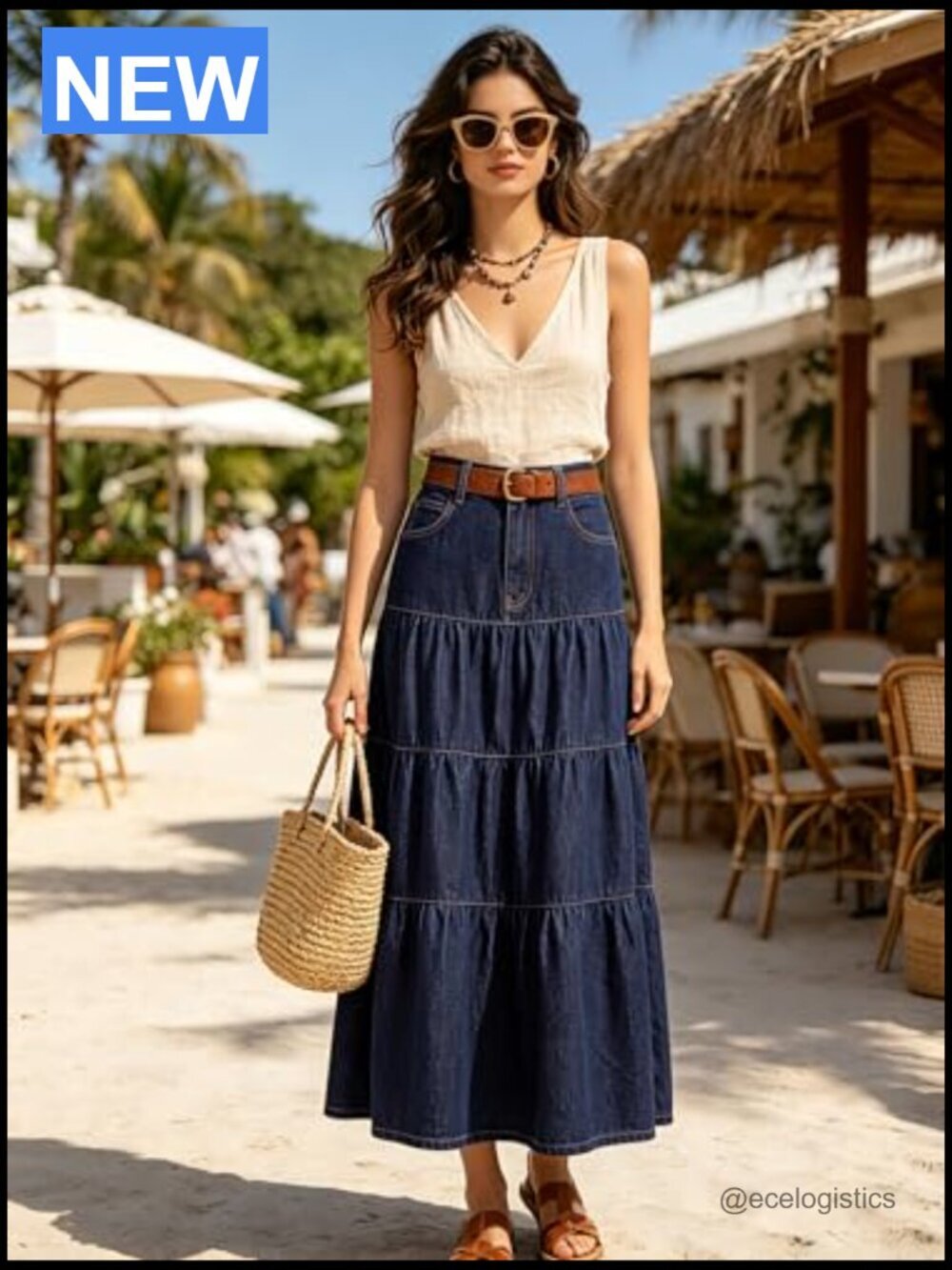 High Waisted Tiered Ruffle Denim Maxi Skirt with Pockets A-Line Boho - Picture 5 of 7